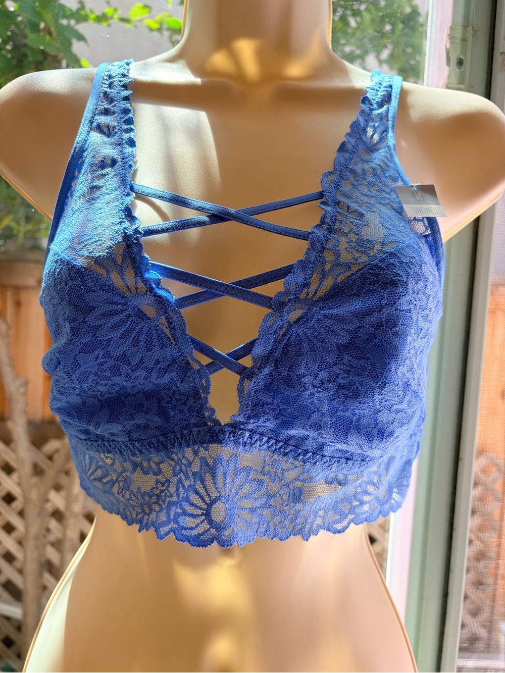 PINK Victoria's Secret Periwinkle Blue Lace Bralette with Crisscross Straps